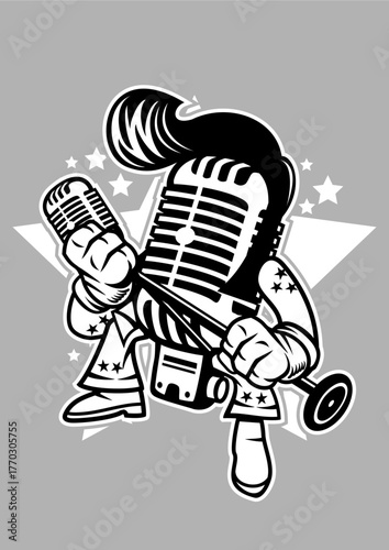 A stylish illustration featuring a vintage microphone held by a character dressed to impress, capturing the essence of music, performance, and glamorous entertainment from the past.