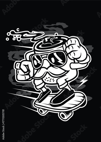A fun illustration featuring a cup character wearing sunglasses on a skateboard, capturing the essence of youthful exuberance and adventurous spirit.