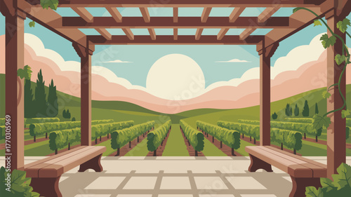 View of a vineyard from a pergola with benches and a bright sun in the background on a clear day