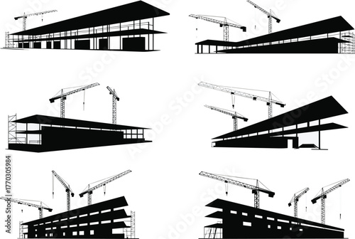 Silhouette of construction sites, tower cranes, scaffolding, building development stages, black and white illustration, urban architecture, industrial growth, engineering design, vector reference