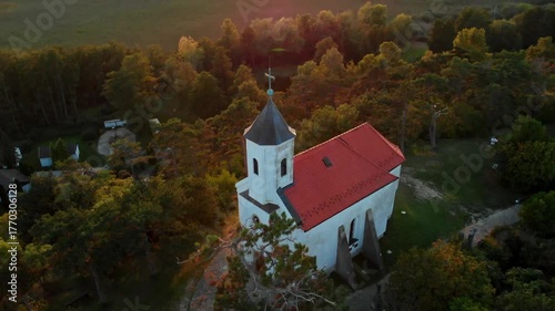 Small chapel on Vas-hegy, near Lake Balaton, Hungary. Aerial drone shot.