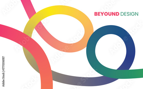 Abstract colorful swirling ribbons forming loops and curves on a white background with text