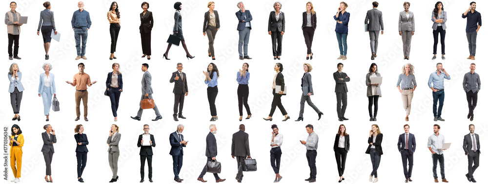 Obraz premium Set of business people in various actions on isolated background. Businesspeople, businesswomen, businessmen office worker in full body length studio professional shot in casual and formal wear