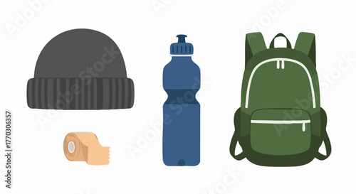 Essential travel hiking items collection flat design vector illustration beanie water bottle backpack medical tape outdoor adventure gear