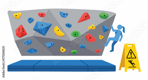 Female climber on indoor bouldering wall with safety mat climbing vector illustration flat design extreme sport adventure challenge gym active lifestyle