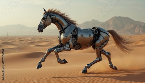 Metal horse runs through desert. Robotic mammal runs across sand. Horse made from steel racing. Automation animal escapes in wasteland. Futuristic cyborg gallops fast. Chrome pet escapes in wild