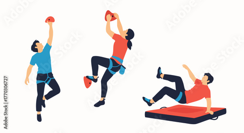 Dynamic people enjoying rock climbing bouldering activity vector illustration flat design sport adventure extreme challenge fitness character healthy lifestyle recreation