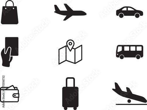 Travel and Transportation Icon Set: Navigation, Luggage, and Vacation Planning