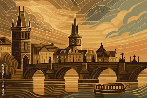 Bring timeless elegance to your space with this Art Deco-inspired illustration of Prague’s iconic Charles Bridge. Bathed in warm sunset tones, this stylized cityscape captures the romantic charm of hi