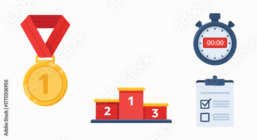 Sports achievement icons set medal podium stopwatch clipboard victory success competition award challenge goal time vector illustration flat design
