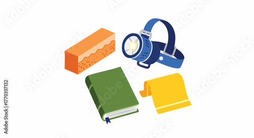 Outdoor adventure bouldering gear essentials headlamp book towel skin vector illustration flat design trekking hiking camping survival equipment graphic icon set