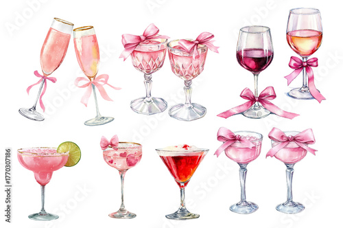 Watercolor set of cocktails Coquette. Glasses with pink coquettes, champagne and wine decorated with bows. Romantic pink drinks for Valentine's Day. Cute aesthetic cocktails Coquette.