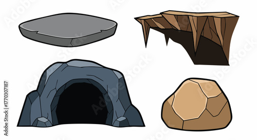 Diverse cartoon rock formations platform cliff cave boulder natural elements game asset terrain rocky texture vector illustration flat design environment landscape