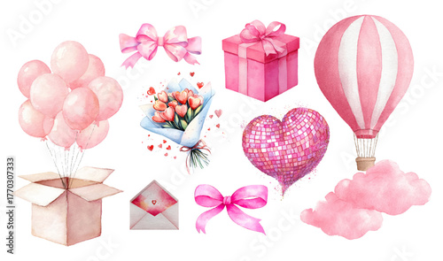 сети валентинаWatercolor set of romantic elements for Valentine's Day. 