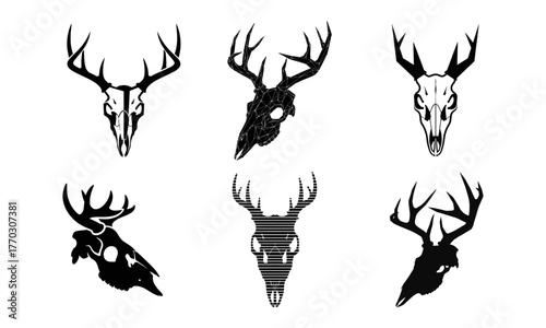 Set of six detailed deer skull silhouettes artistic renderings for diverse design projects