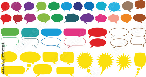 Colorful speech and thought bubble set, comic-style dialog shapes, vector communication icons, cartoon message design, pop art elements, graphic storytelling assets