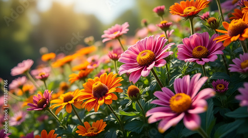 Vibrant pink and orange daisy flowers bloom in a sunlit garden, bringing joy and natural beauty to any project.