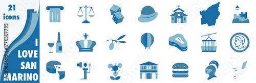 A set of icons dedicated to San Marino in a flat minimalist style using national colors.
