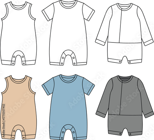 Baby romper vector template set | Infant jumpsuit bodysuit fashion flat sketch | Unisex babywear CAD mockup illustration