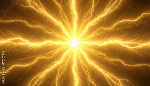 中央から放射する黄金の稲妻. Golden Lightning Radiating from the Center. AI generated.