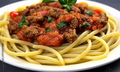 Delicious Spaghetti Bolognese Dish with Fresh Tomato Sauce and Basil.