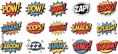 Comic sound effects, colorful onomatopoeia, dynamic burst shapes, retro pop art, action typography, cartoon style, vector design, comic book impact visuals