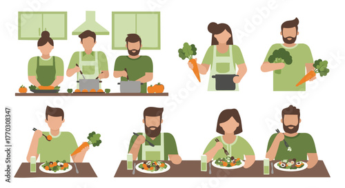 Healthy Cooking People Preparing and Eating Fresh Vegan Food Together in Flat Vector Illustration