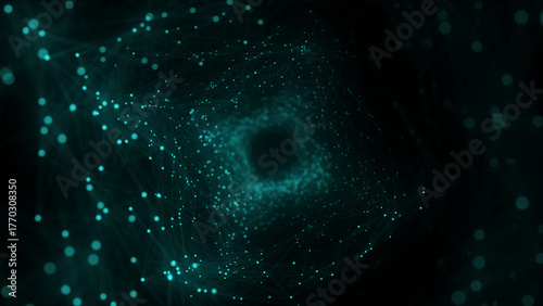 Technology wireframe square tunnel on blue background. Futuristic 3D wormhole grid. Big data visualization. 3D rendering.