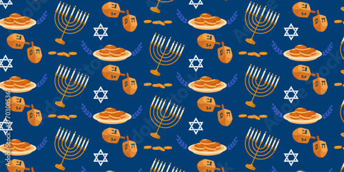 Hanukkah Seamless Pattern with Menorahs, Dreidels, Sufganiyot, Gelt and Star of David – Jewish Holiday Vector for Wrapping Paper, Greeting Cards, Fabric, Posters and Festive Decorative Design Projects