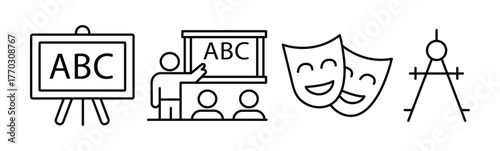 Education Board Presentation Theater Drafting Compass Course Knowledge Study Outline Icons