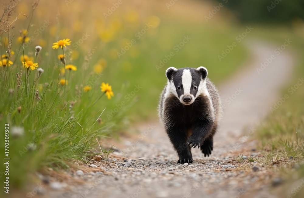 Fototapeta premium Small badger runs fast along path in meadow with yellow flowers. Wild animal moves through grass on gravel track. Creature looks towards camera in natural environment. Woodland mammal appears cute,