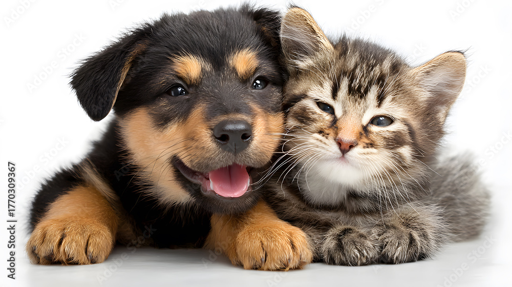 Fototapeta premium A close up Dogs and cats. Puppy and Kitten Friendship cuddling together on a isolated white background. The image is a heartwarming moment of companionship between the two animals.