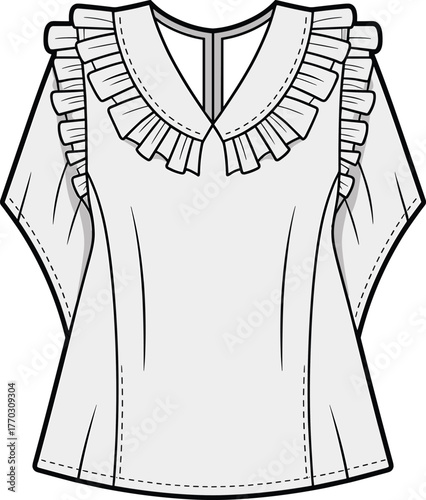 Fashion flat sketch of elegant women’s blouse with layered ruffle neckline and short sleeves, trendy apparel design vector illustration template.