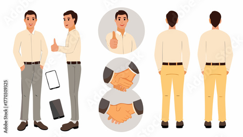 Illustration showing a man in different poses including handshake and thumbs up on a white background