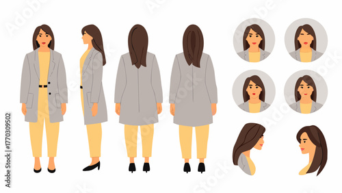 Illustration showing a woman in different poses and facial expressions wearing a gray coat and yellow pants