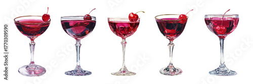 Set of glasses with red liqueur decorated with cherry. Watercolor glass glasses with red alcoholic cocktail and cherry. Vintage bar elements.Whimsical cocktail