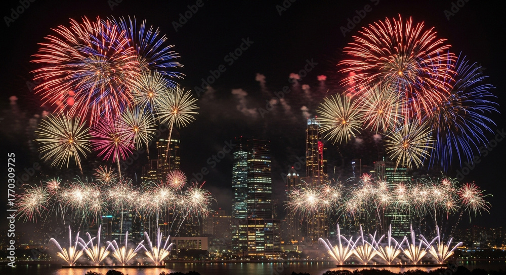 Obraz premium Stunning fireworks explode in vibrant colors over a modern city skyline at night, celebrating a joyous occasion