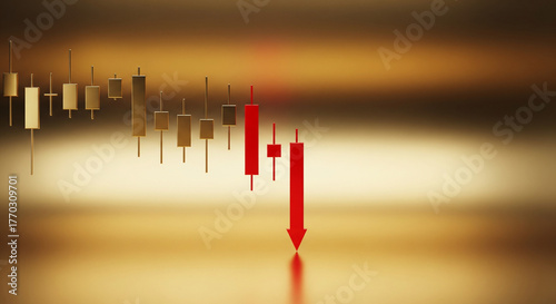 Downward stock trend with red candle and arrow indicating market decline
