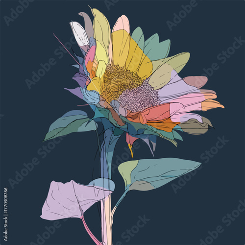 Sunflower one line art with pastel touches
