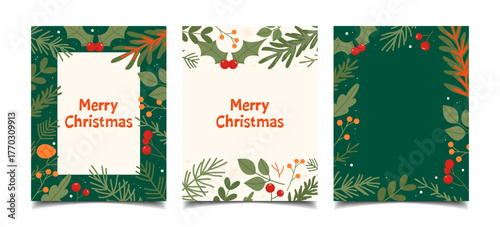Set of Christmas botanical postcards, templates, and posters. Templates for winter holidays, Merry Christmas. Vector illustration