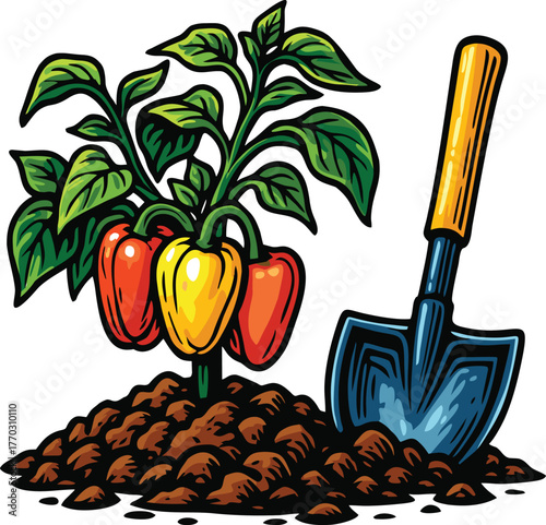 Bell pepper plant growing in soil beside gardening shovel under home garden care