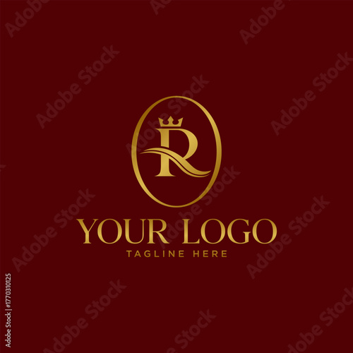 Luxury Letter R Logo Design with Gold Crown and Elegant Wave Shape on Dark Red Background