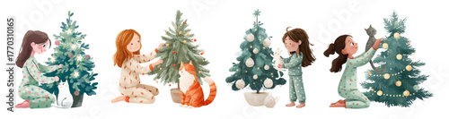 Cartoon girl decorating a Christmas tree with a cat. Set of cartoon girls in pajamas decorating a green Christmas tree with a cat. Cute watercolor Christmas illustration.