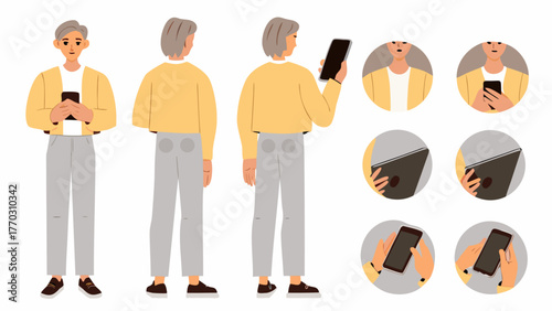 Illustration showing a woman with short gray hair holding a phone in various poses and close up views
