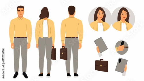 Illustration of people in business attire with accessories like briefcase and mobile devices shown