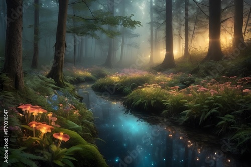 Fantasy forest and shimmering river in the morning