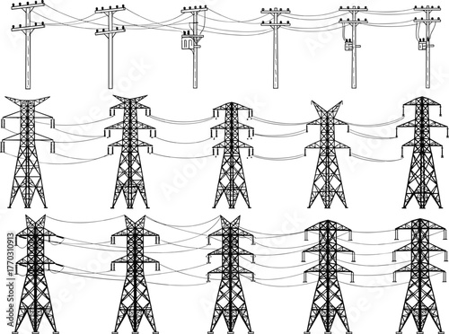 Electrical transmission infrastructure set, utility pole and tower illustration, power line vector graphics, engineering design elements, black and white energy distribution system