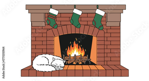 Cozy winter scene with a sleeping white cat by a warm brick fireplace, adorned with festive Christmas stockings, creating a serene and inviting holiday atmosphere