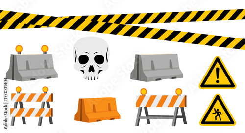 A collection of construction and danger-related symbols including caution tape, concrete barriers, traffic cones, a skull, and warning signs.