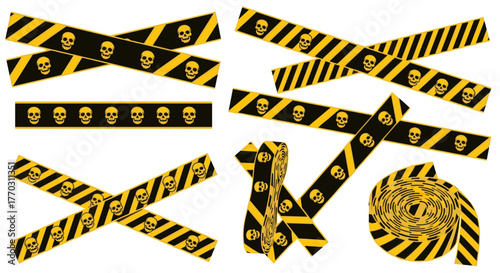 A collection of black and yellow striped hazard tapes with skull icons, shown straight, crossed, and in rolls.